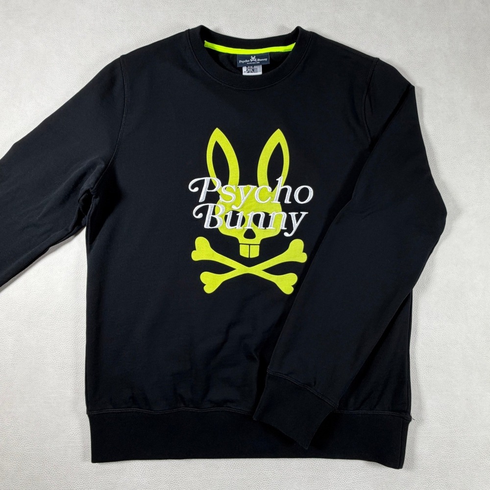 Psycho Bunny Mens Black Neon Yellow Graphic Logo Crewneck Sweatshirt Size Medium